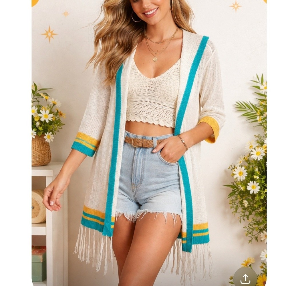 ANDTHEWHY Womens Cream Open Knit Fringe Hooded Cardigan Striped Boho Duster NEW